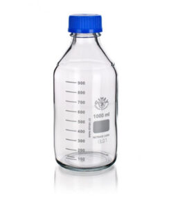 Fľaša reagenčná guľatá, s modrým uzáverom a priehľadným vylievacím krúžkom rôzne objemy, GL 45, SIMAX, 1 ks