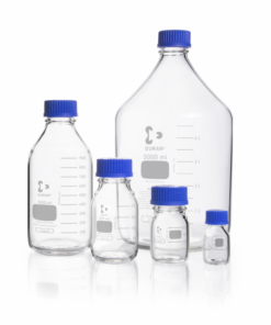 Fľaša reagenčná guľatá, s modrým uzáverom a priehľadným vylievacím krúžkom, GL45, DURAN, 10 ks